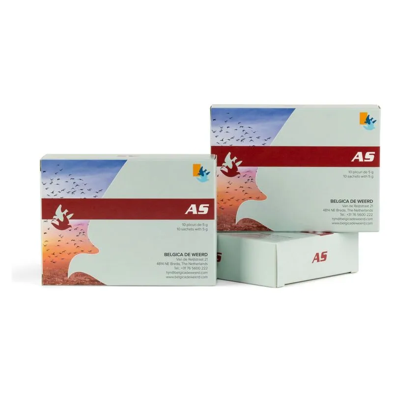 Ambalajul A.S. Antislijm de la Belgica De Weerd, plicuri de 5 g cu pulbere pentru porumbei