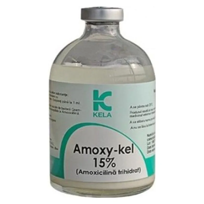 Flaconul de Amoxy-Kel 15% 100 ml, suspensie injectabilă cu amoxicilină de la Kela