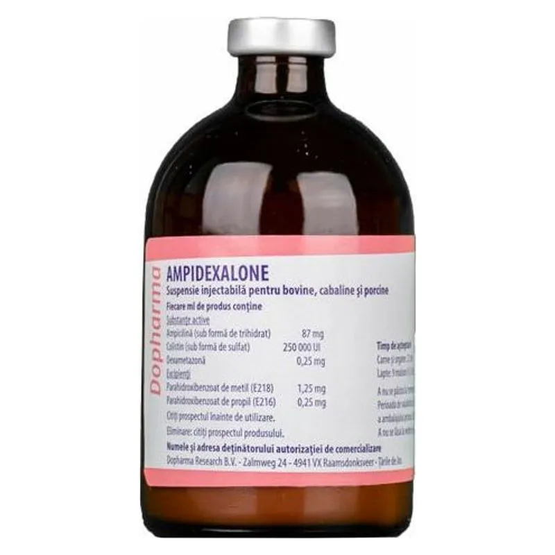 Flaconul de Ampidexalon 100 ml de la Dopharma, suspensie injectabilă pentru bovine, cabaline și porcine