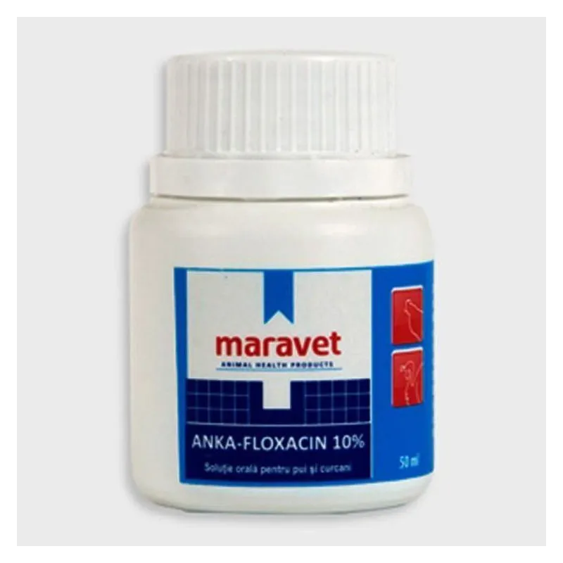 Flaconul de Anka-Floxacin 10%, soluție orală de 50 ml pentru pui și curcani