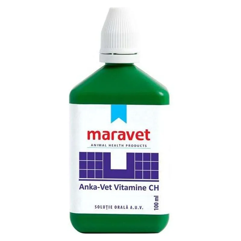 Flaconul de 100 ml de Anka-Vet Vitamine-CH, soluție orală cu vitamine și minerale Maravet