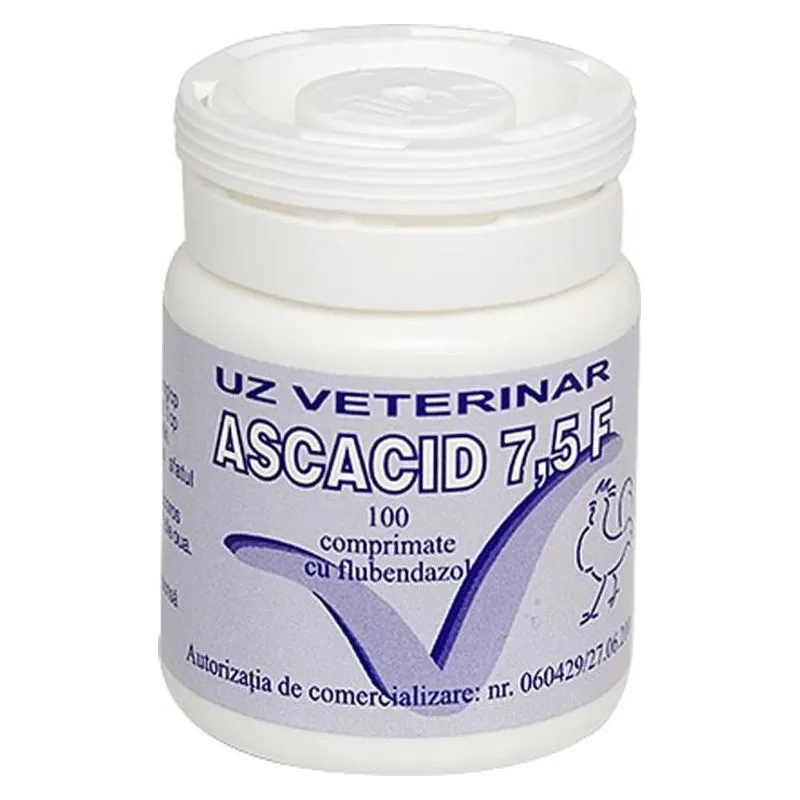 Borcanul cu 100 de comprimate de Ascacid 7,5 F cu flubendazol pentru suine și păsări
