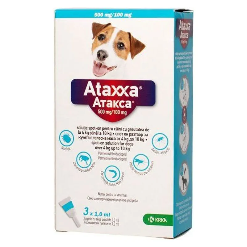 Cutia de Ataxxa 500 mg/100 mg, soluție spot-on pentru câini de 4 până la 10 kg
