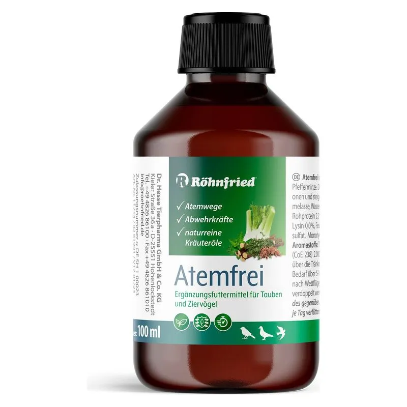 Flaconul de 100 ml de Atemfrei Röhnfried, elixir pe bază de uleiuri vegetale pentru porumbei