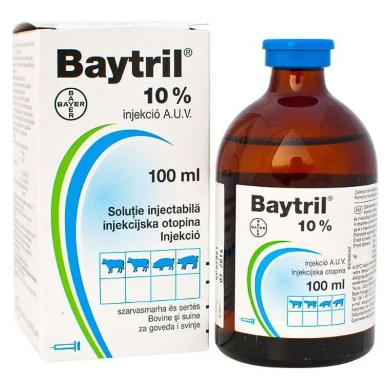 Cutia și flaconul de Baytril 10% soluție injectabilă, 100 ml, pentru bovine și porci