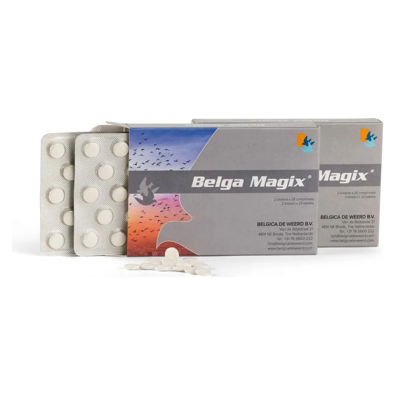 Cutia și blisterele de Belga Magix, comprimate cu ronidazol pentru porumbei
