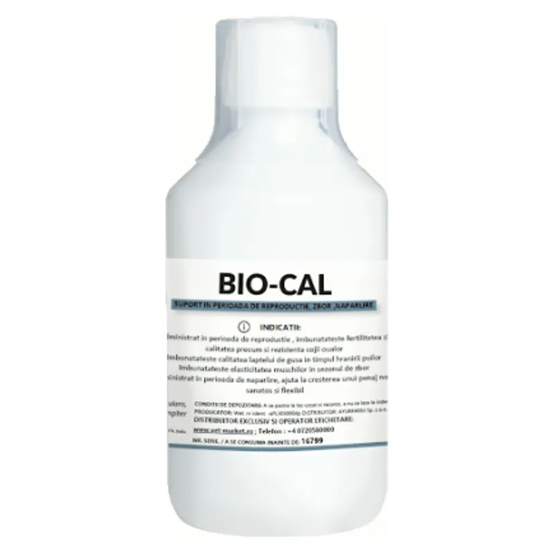 Flaconul de Bio-Cal 250 ml, soluție orală pentru porumbei, cu indicațiile pe etichetă