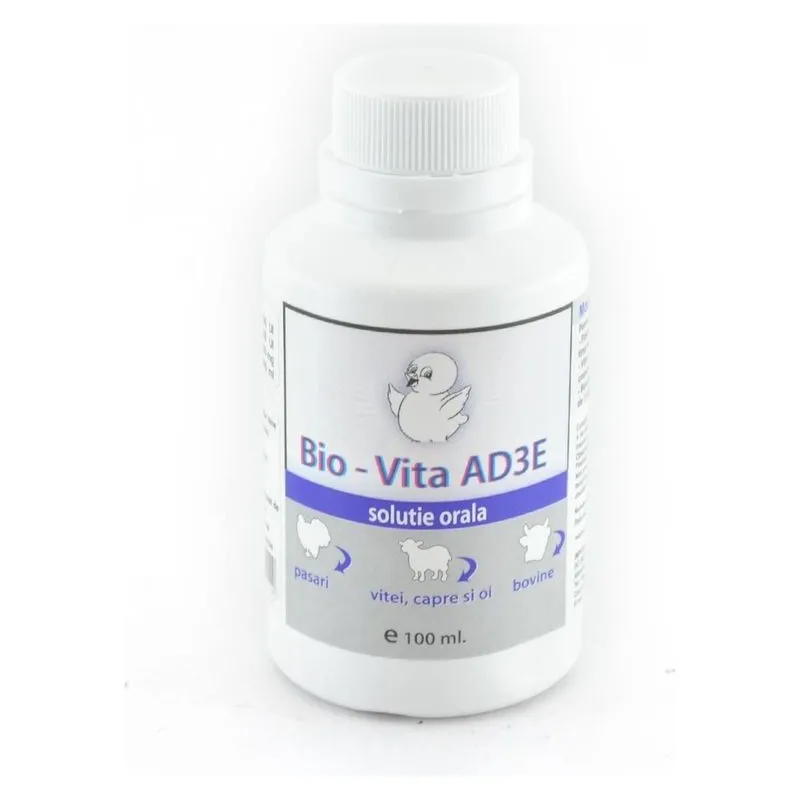 Flaconul alb de Bio-Vita AD3E soluție orală de 100 ml, cu eticheta albastră și un pui de pasăre