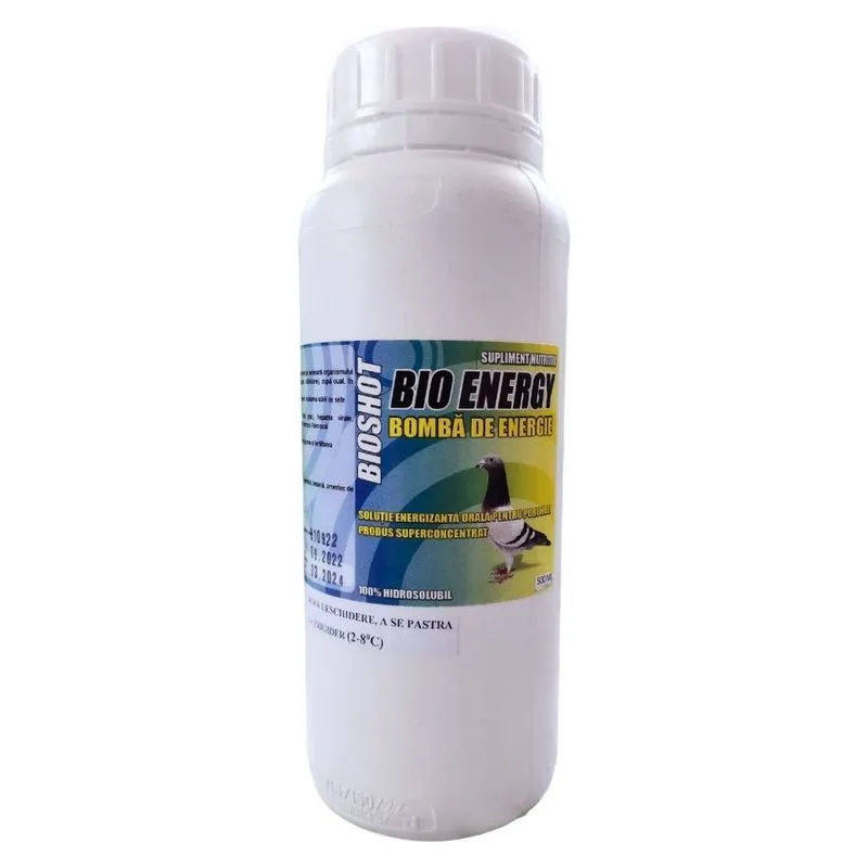 Flaconul de Bio Energy Bioshot, soluție energizantă orală pentru porumbei, 500 ml