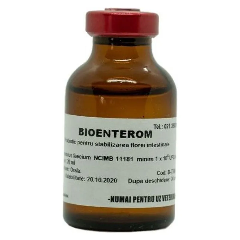 Flaconul de Bioenterom, probiotic lichid Romvac cu Enterococcus faecium