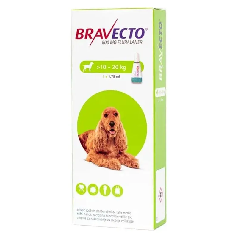 Cutia de Bravecto Spot-On 500 mg, soluție spot-on pentru câini de 10-20 kg