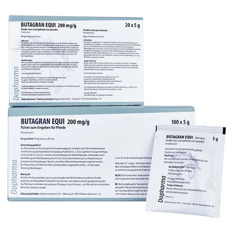 Cutiile și plicul de Butagran Equi 200 mg/g, pulbere orală cu fenilbutazonă pentru cabaline