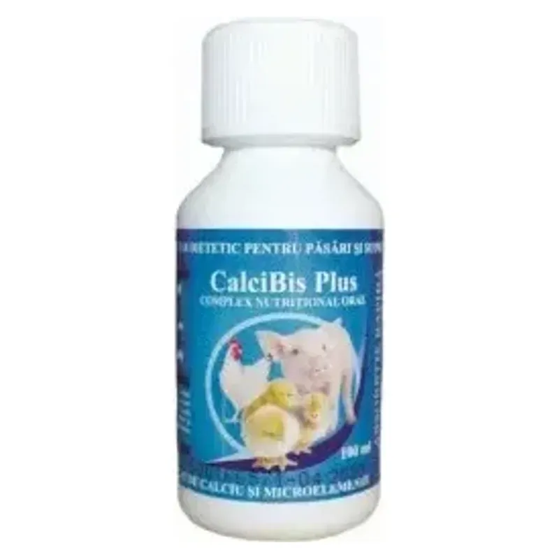 Flaconul de CalciBis Plus 100 ml, furaj complementar cu calciu pentru păsări și suine