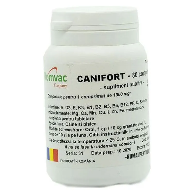 Flaconul de Canifort cu 80 de comprimate pentru câini și pisici, produs de Romvac