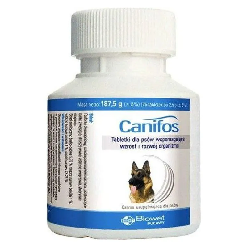 Flaconul de Canifos cu 75 de comprimate minerale pentru câini, Biowet Pulawy