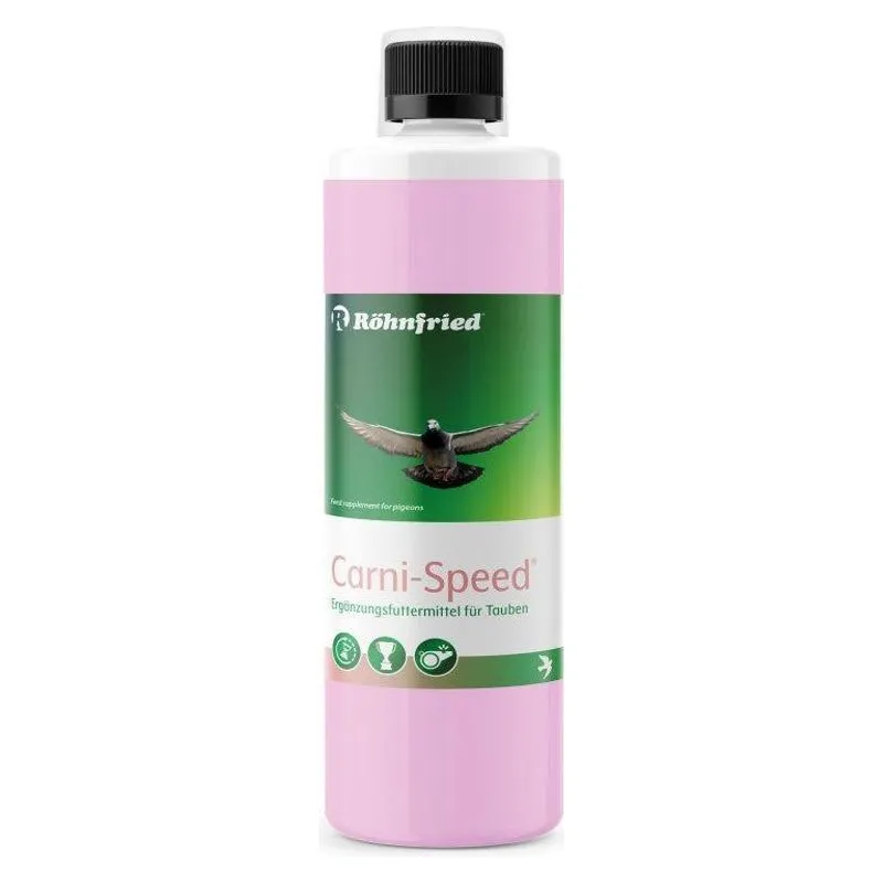 Flaconul roz de 500 ml de Carni-Speed Röhnfried, supliment pentru porumbei, cu etichetă verde