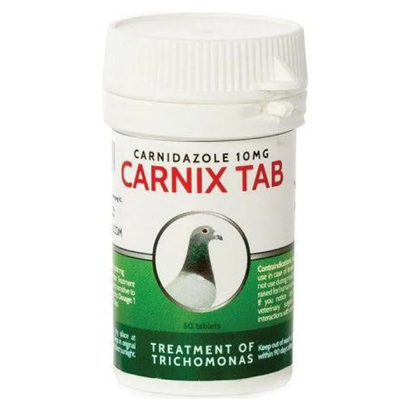 Flaconul alb cu etichetă verde de Carnix Tab, 50 de comprimate, cu un porumbel pe etichetă