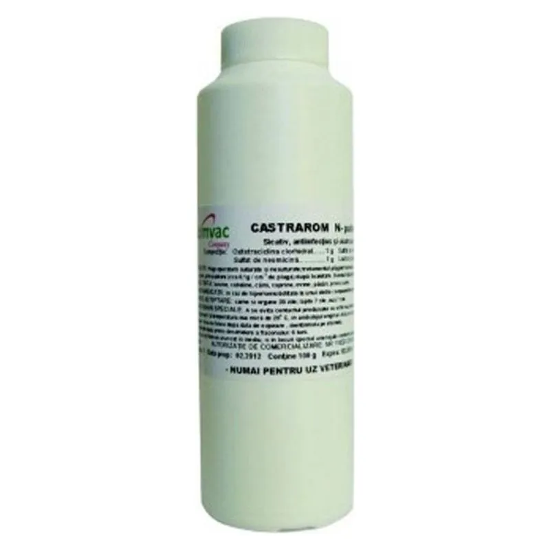 Flaconul alb de Castrarom N pulbere cutanată Romvac, 100 g