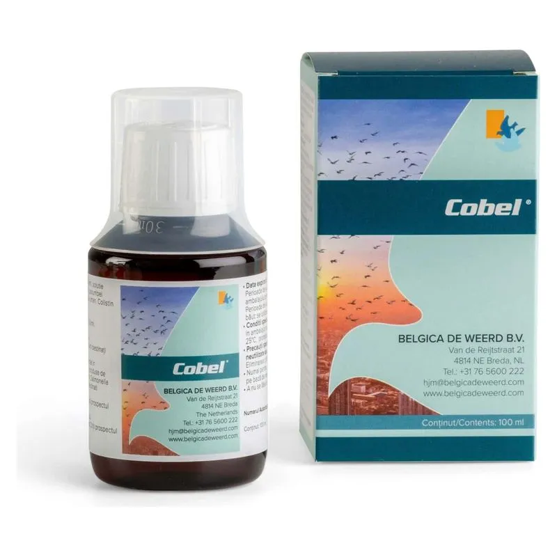 Flaconul brun și cutia albastră de Cobel, soluție orală pentru porumbei, Belgica De Weerd
