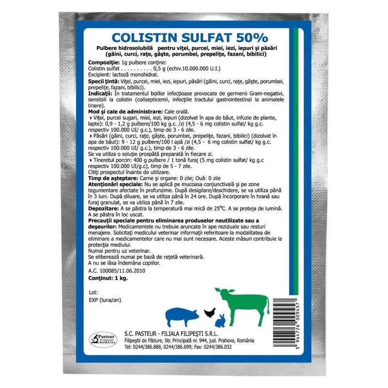 Punga de Colistin sulfat FP 50%, pulbere solubilă fabricată de Pasteur Filipești