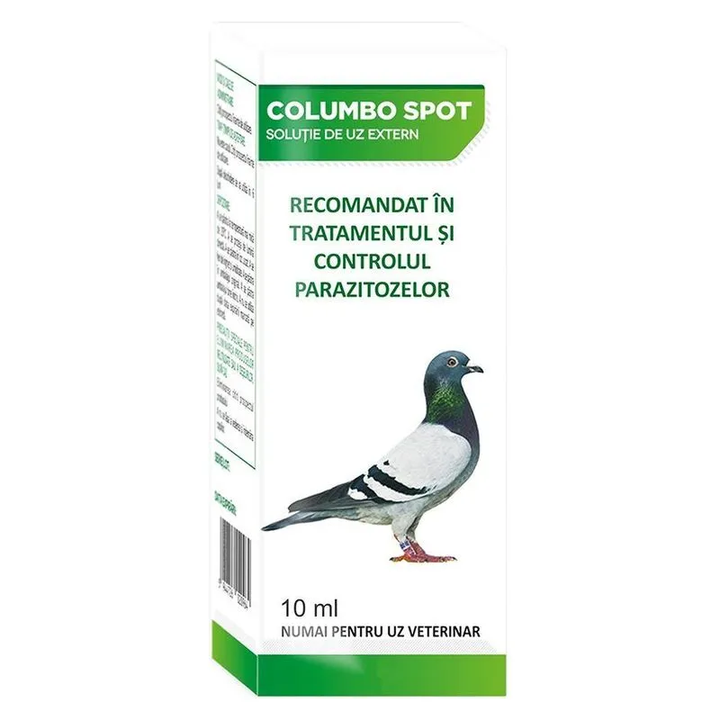 Flaconul de 10 ml de Columbo Spot, soluție de uz extern cu ivermectină pentru porumbei și păsări de colivie
