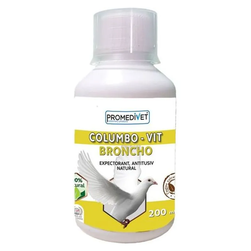 Flaconul de 200 ml de Columbo-Vit Broncho Promedivet, cu etichetă galbenă și un porumbel alb