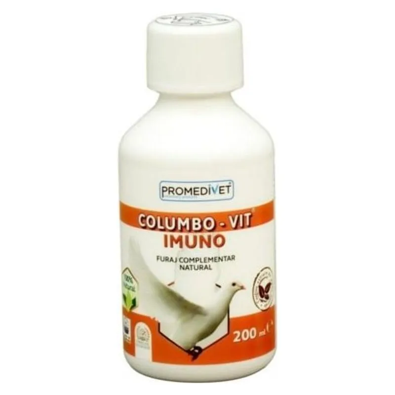Flaconul de 200 ml de Columbo-Vit Imuno Promedivet, cu etichetă portocalie și un porumbel alb