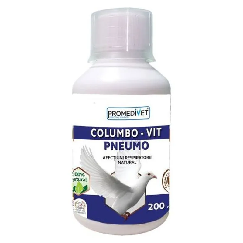 Flaconul de 200 ml de Columbo-Vit Pneumo Promedivet, cu etichetă albastră și un porumbel alb
