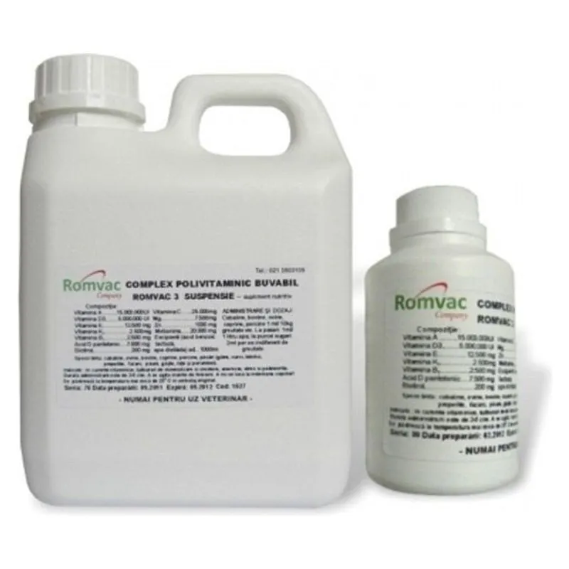 Flaconul și bidonul de Complex polivitaminic buvabil Romvac, soluție orală cu vitamine