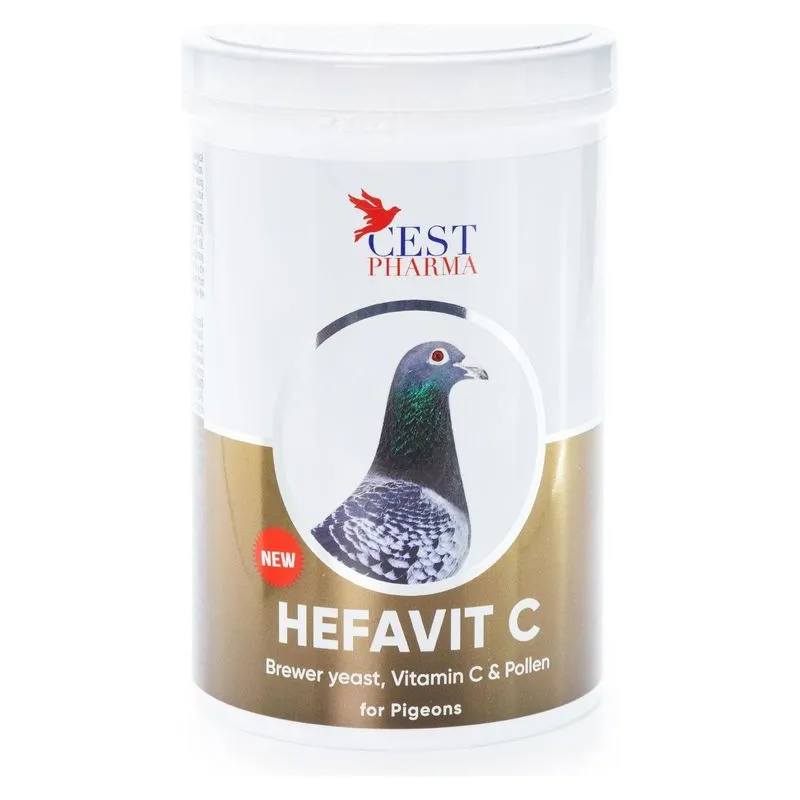 Borcanul alb de Hefavit C 600 g, Cest Pharma, cu un porumbel pe etichetă