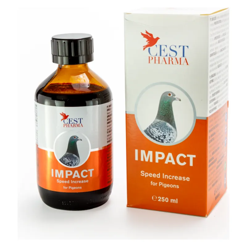 Flaconul brun și cutia portocalie de 250 ml de Impact Cest Pharma pentru porumbei, cu un porumbel pe etichetă