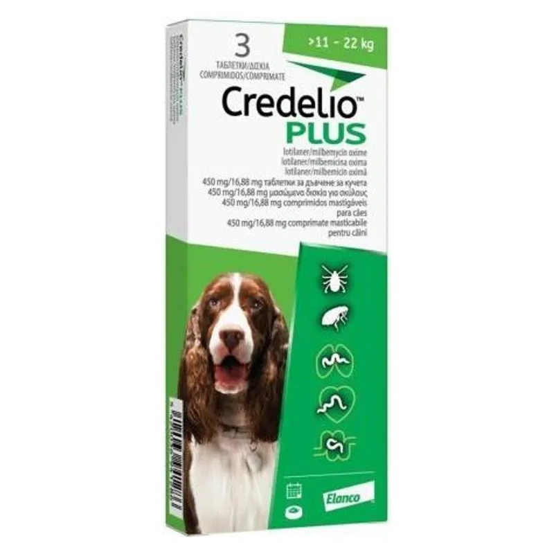 Cutia de Credelio Plus 450 mg/16,88 mg pentru câini de 11-22 kg