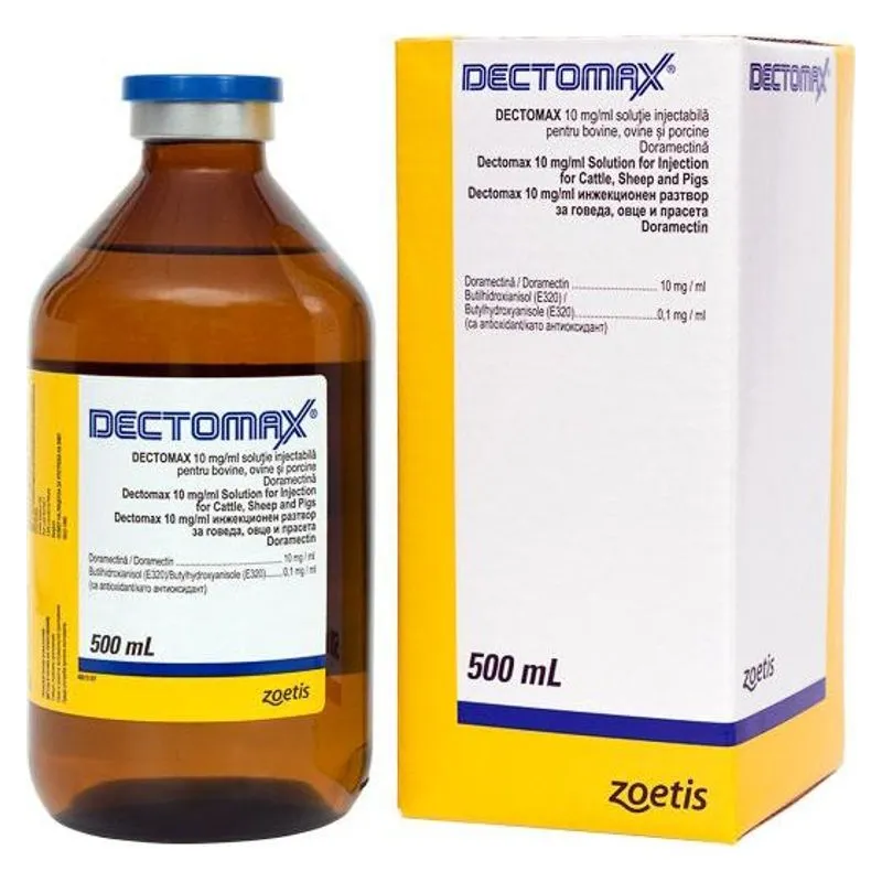 Flaconul și cutia de Dectomax 500 ml, soluție injectabilă cu doramectină de la Zoetis