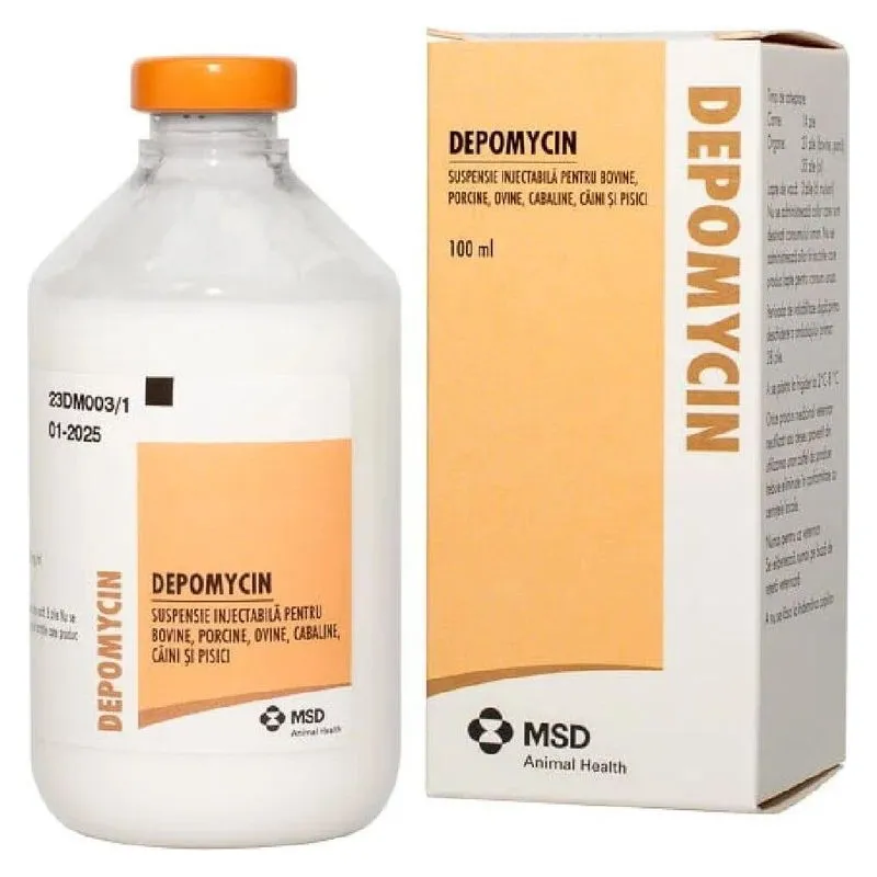 Cutia și flaconul de Depomycin suspensie injectabilă, 100 ml, MSD Animal Health