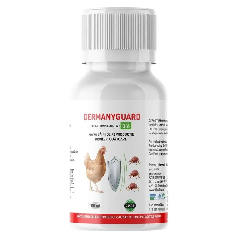 Flaconul de Dermanyguard de 100 ml, produs BistriVet pentru adăparea păsărilor de curte