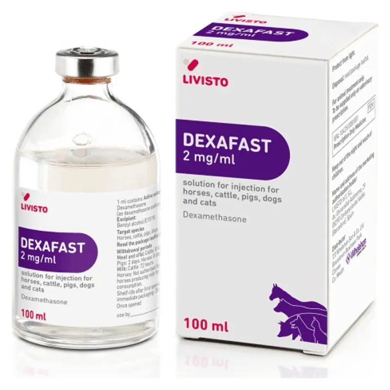 Cutia și flaconul de Dexafast 2 mg/ml de 100 ml, soluție injectabilă cu dexametazonă