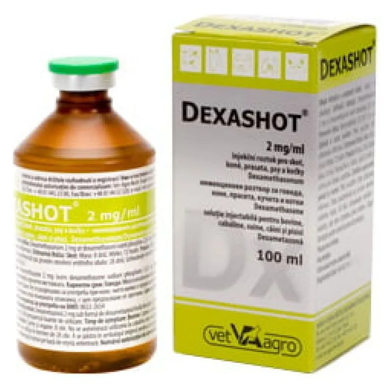 Flaconul și cutia de Dexashot 2 mg/ml, soluție injectabilă de 100 ml