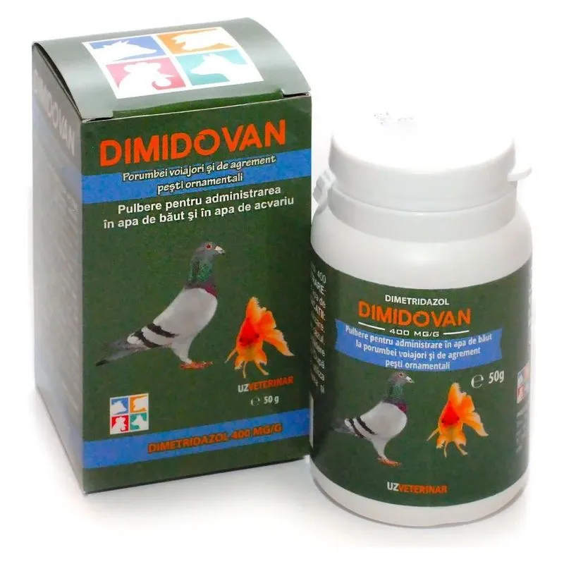 Cutia și recipientul de Dimidovan 400 mg/g, pulbere de 50 g pentru porumbei