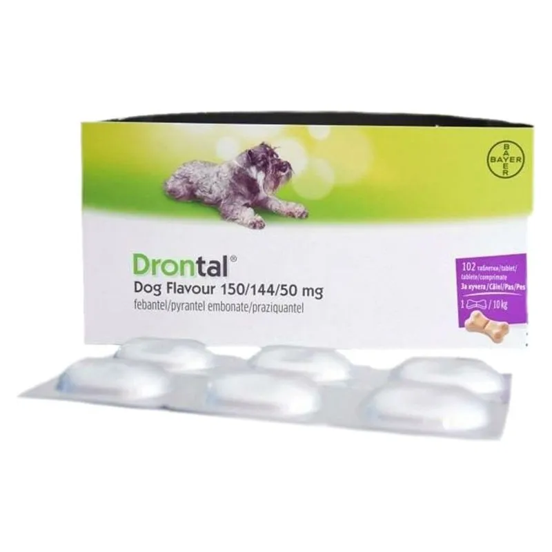 Cutia și folia de Drontal Dog Flavour 150/144/50 mg, comprimate pentru câini
