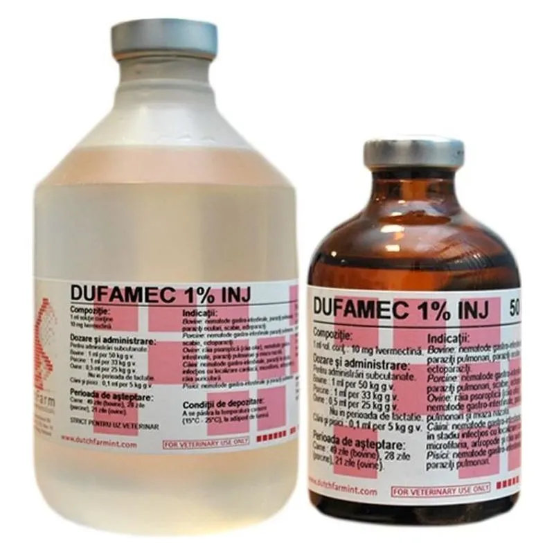 Flacoanele de Dufamec 1% injectabil, de 50 ml și 500 ml, cu ivermectină