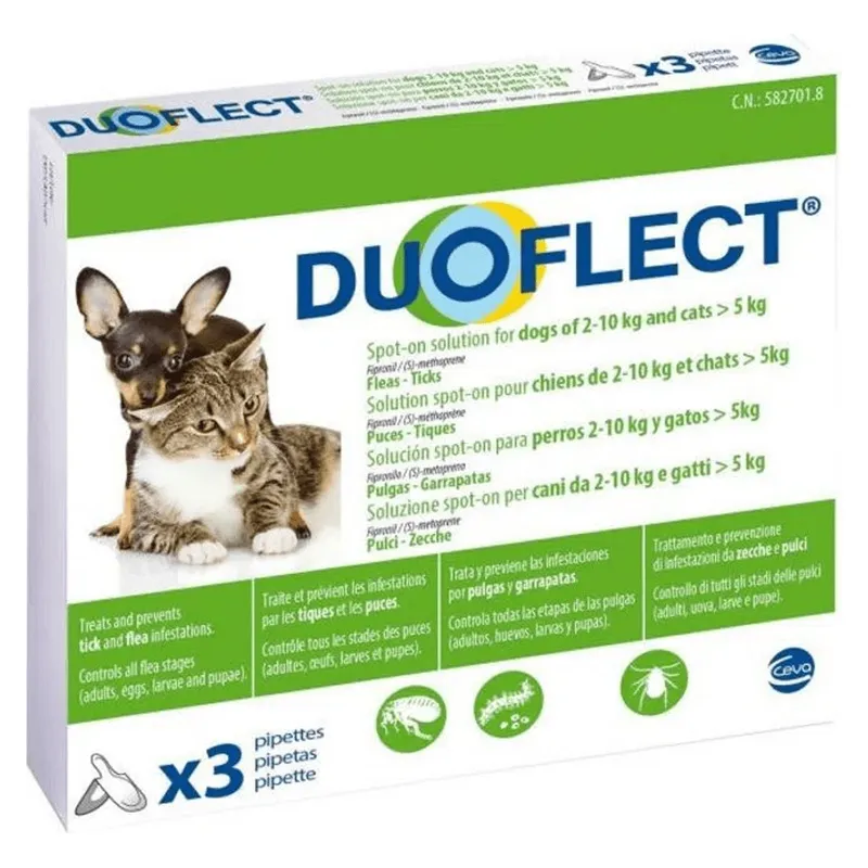Cutia de Duoflect, soluție spot-on cu fipronil și metopren pentru câini de 2-10 kg și pisici peste 5 kg, 3 pipete