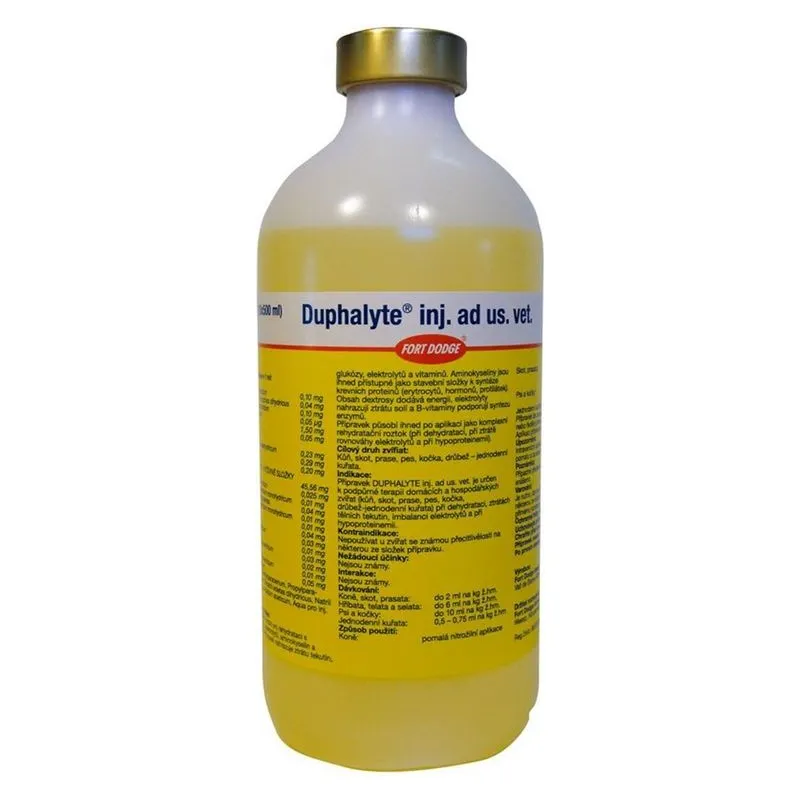 Flaconul de 500 ml de Duphalyte, cu eticheta albă și galbenă Fort Dodge