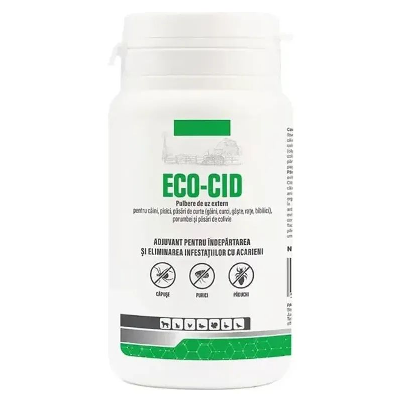 Flaconul de Eco-Cid, pulbere antiparazitară de uz extern de 100 g