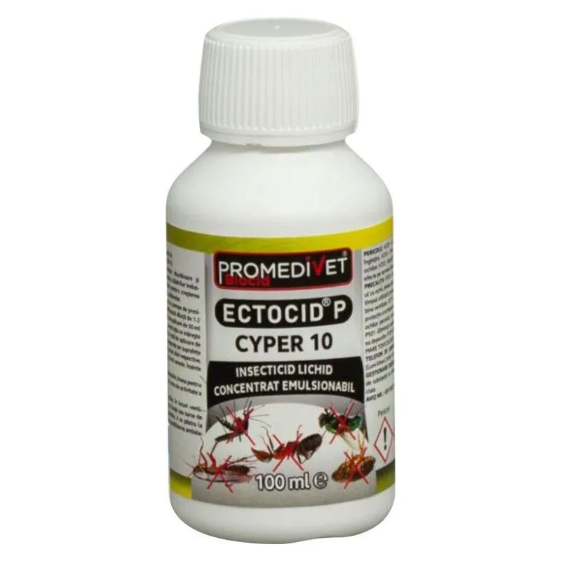 Flaconul de 100 ml de Ectocid P Cyper 10, insecticid concentrat emulsionabil Promedivet