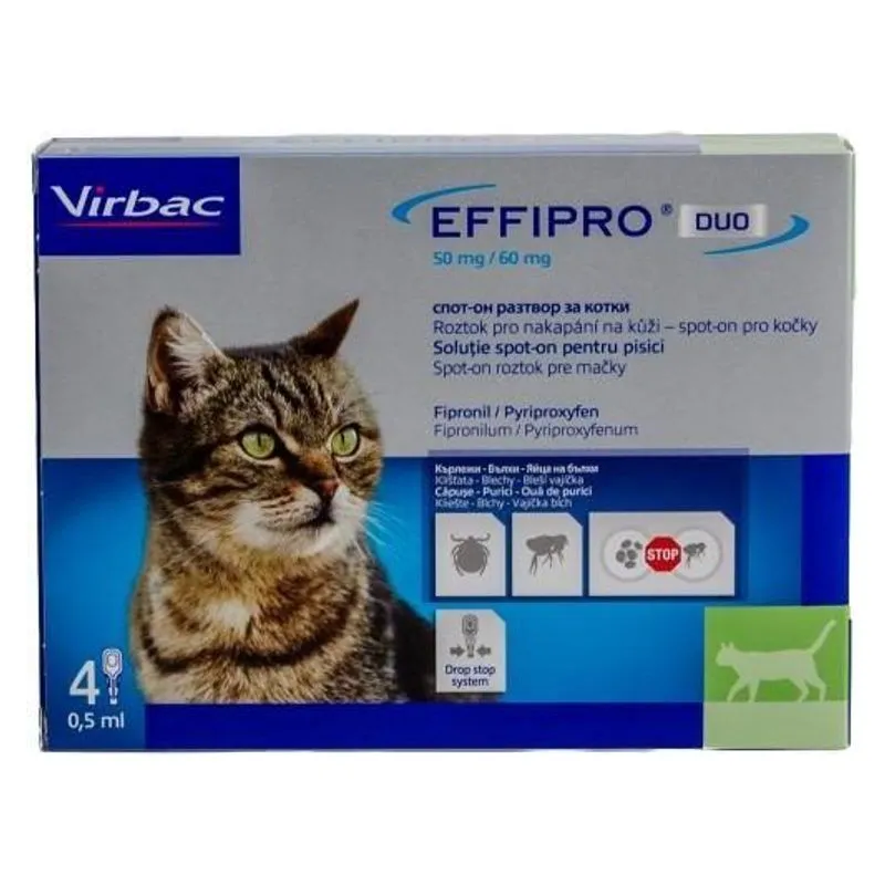 Cutia de Effipro Duo Cat, soluție spot-on cu fipronil și piriproxifen pentru pisici, 4 pipete de 0,5 ml