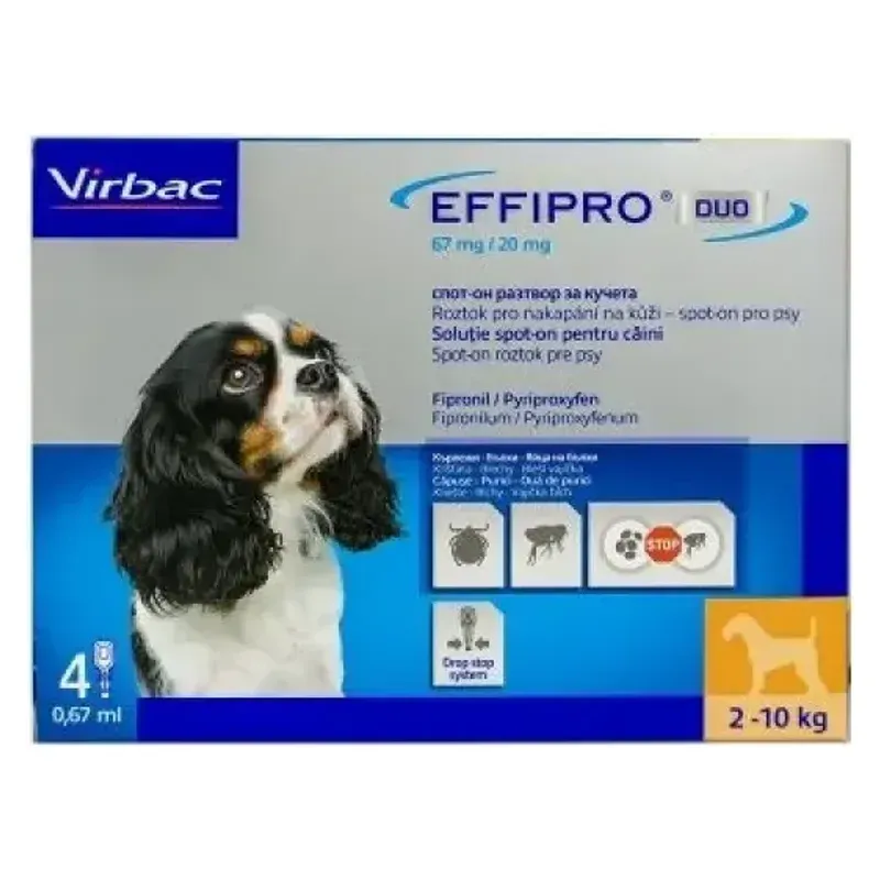 Cutia de Effipro Duo Dog S 67 mg pentru câini de 2-10 kg, soluție spot-on, 4 pipete