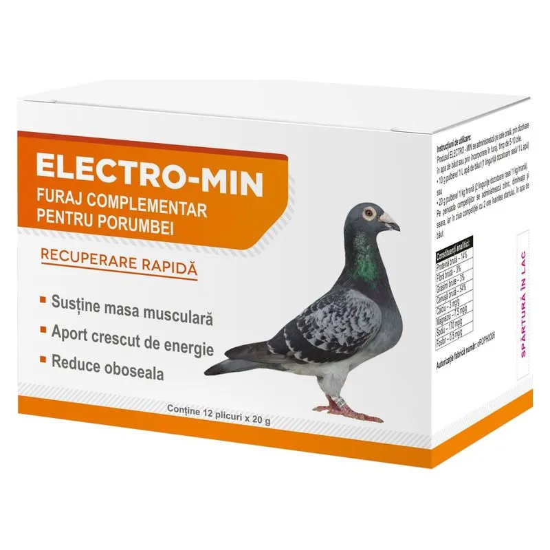 Cutia de Electro-Min, supliment pentru porumbei, cu plicuri de 20 g