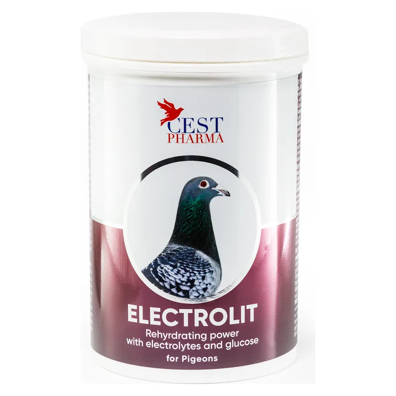Recipientul alb de Electrolit Cest Pharma, pulbere cu electroliți și glucoză pentru porumbei