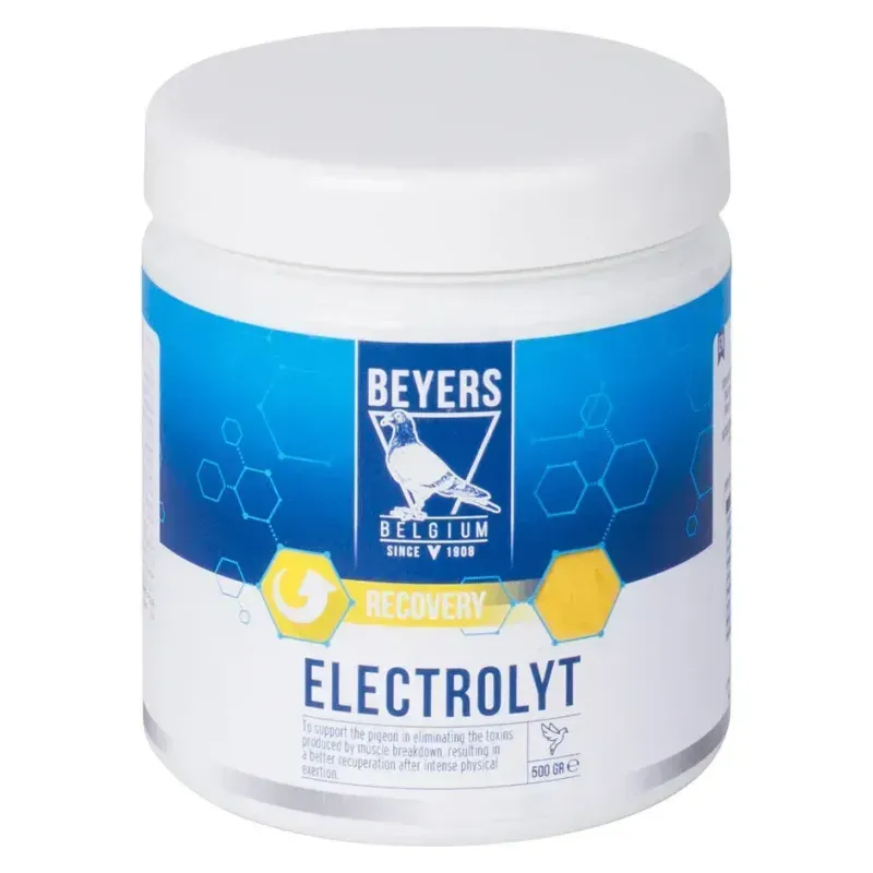 Recipientul alb de 500 g de Electrolyt Beyers Recovery pentru porumbei