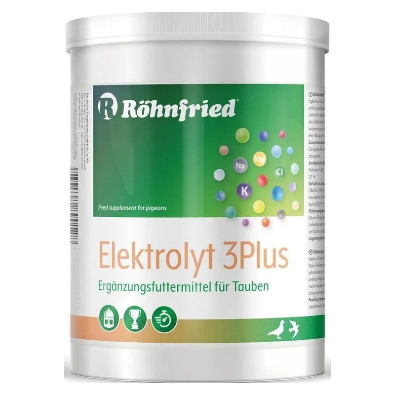 Recipientul alb de 600 g de Elektrolyt 3Plus Röhnfried cu etichetă verde, pentru porumbei